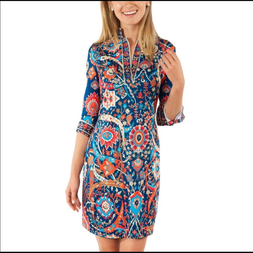 Gretchen Scott Jersey Mandarin Dress- Magic Carpet Navy Multi